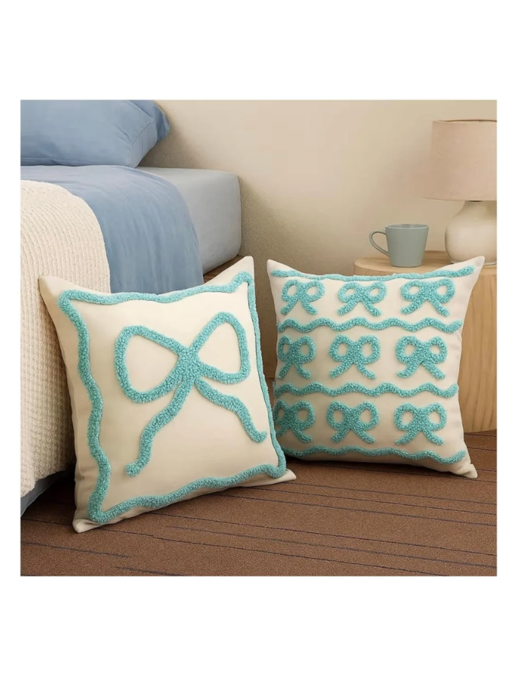 NEW Set of 2 Blue Bow Soft Pillow Covers 18”